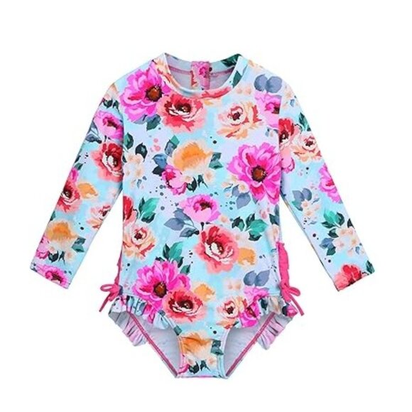 XFGIRLS Brand 3T Girls Swimsuit Long Sleeve One-Piece Bathing Suit Rash & Hat - Picture 1 of 11